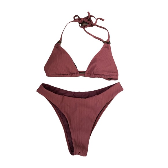 Berlook String Bikini Set XS Triangle Top Cheeky Bottoms NWT Brown Ribbed Padded - Picture 1 of 6